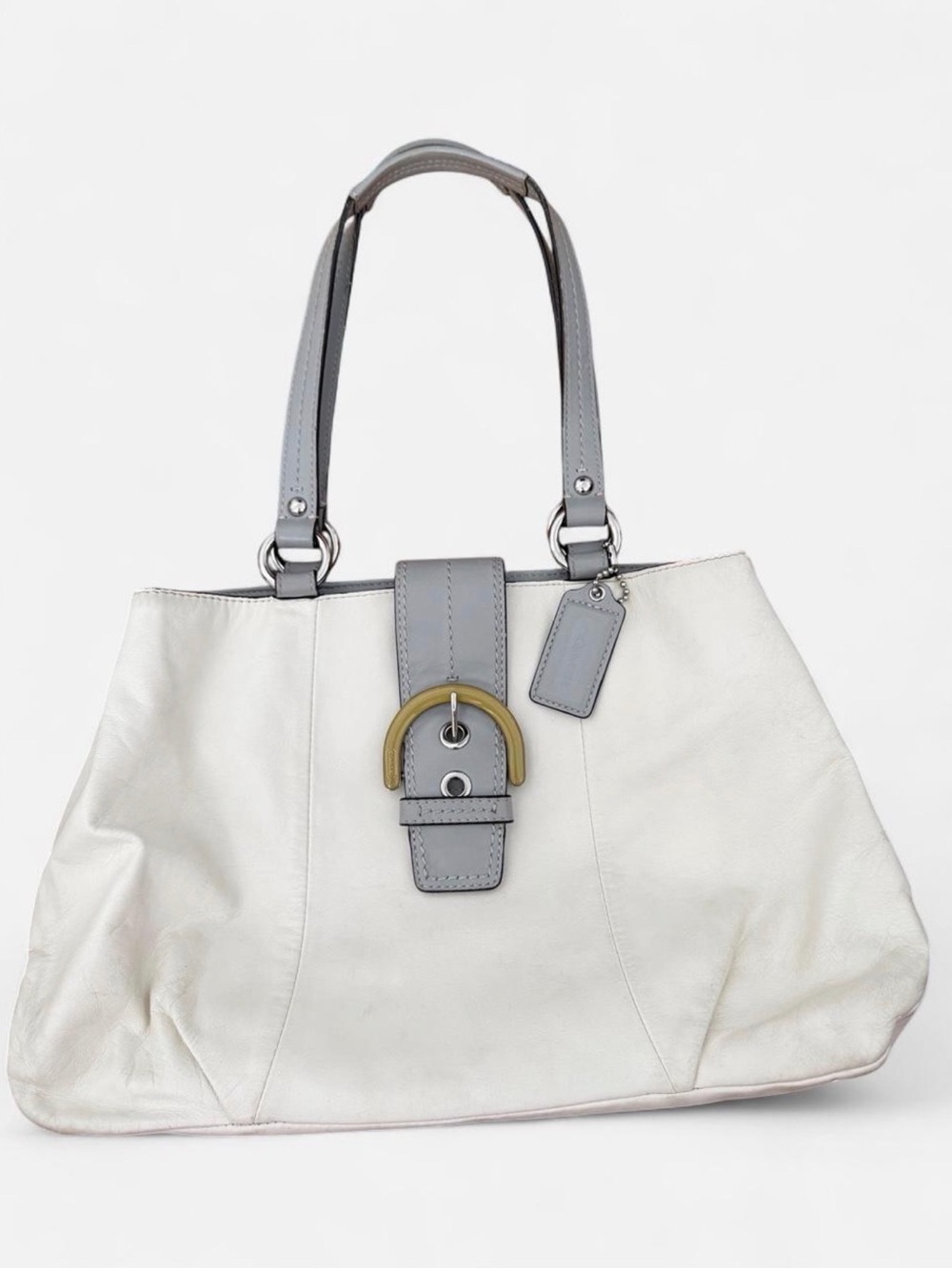 Coach SoHo East/West White and Gray Leather Satchel w/ Gold Buckle Accent